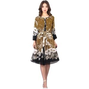 Fig & flower Anthropologie Floral Chiffon Shift Dress Sz M Bronw Black Belted